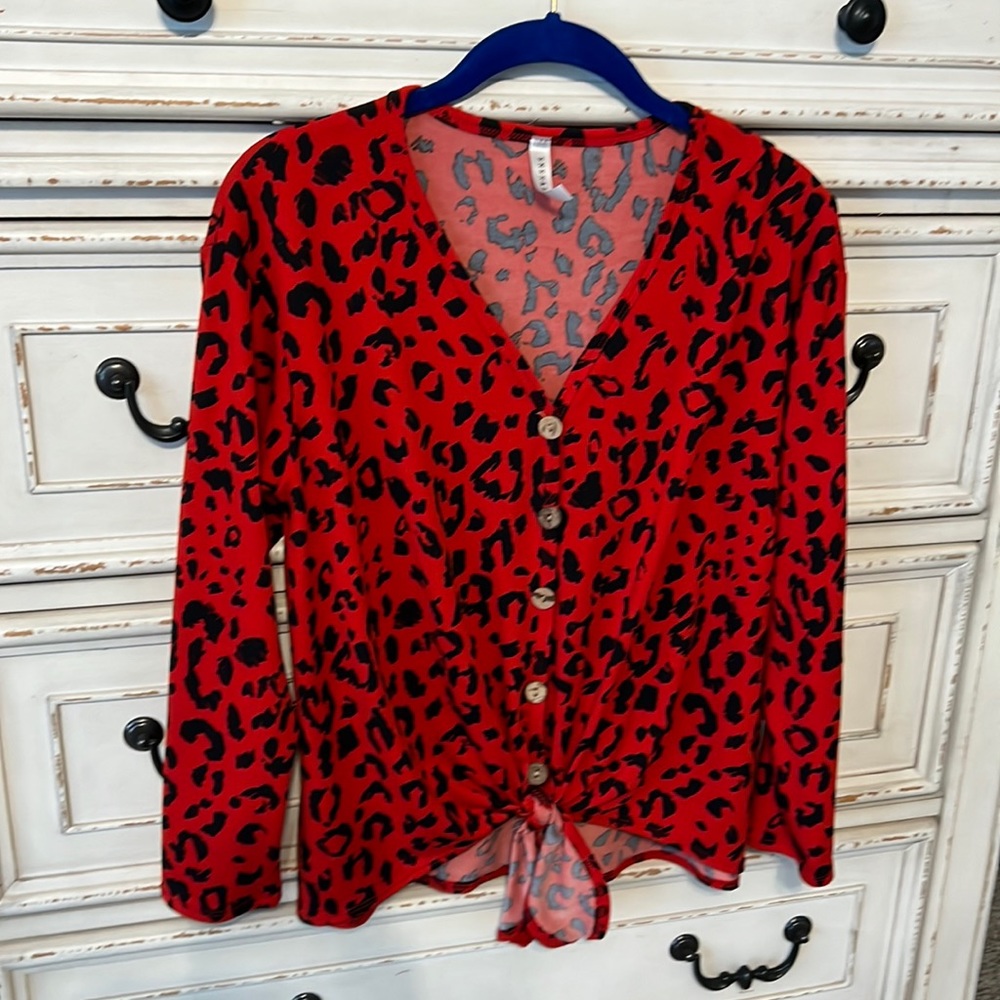 Red Leopard Button-Up Blouse